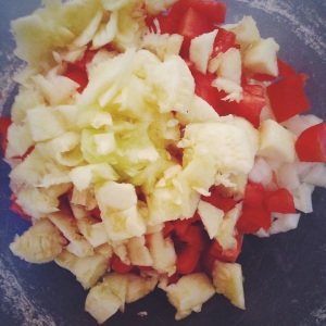 Chopped | garlic, opinion, tomato & zucchini